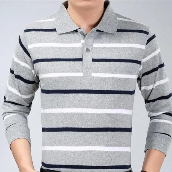Moda Hombre Nuevo Negocios Camisas Polo Rayadas Coreano Primavera OtoñO Casual Manga Larga Solapa Bolsillos Ropa Masculina AlgodóN Tops 2025 3XL Gray-image