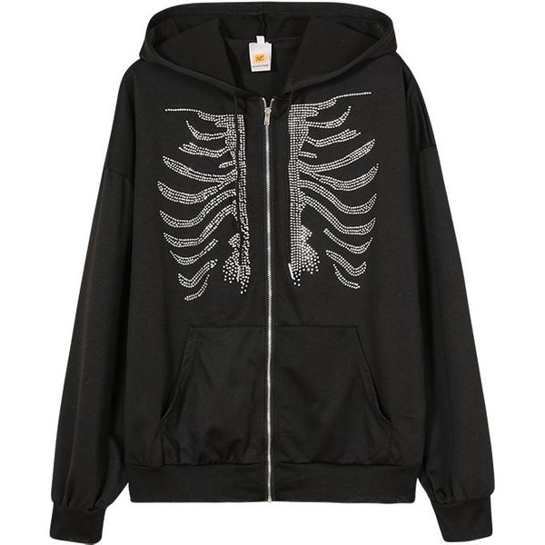 Y2K Rhinestone Szkieletowe Bluzy Damskie Gotyckie Czarne Czerwone Bluzy Z Zamkiem BłYskawicznym Damskie Retro Harajuku PłAszcze Z Kapturem Streetwear S Czarny-image