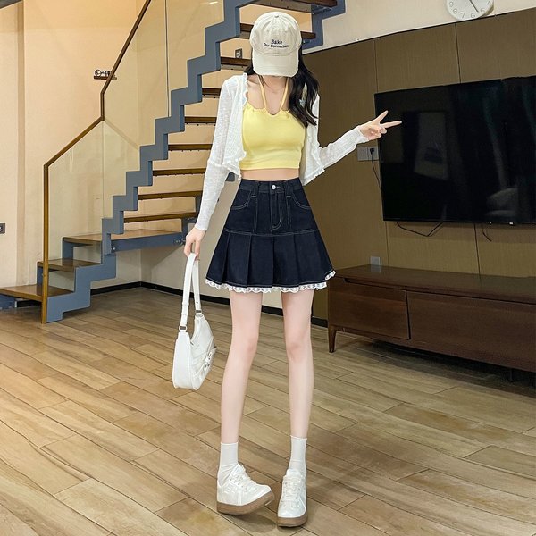 Retro Koronkowa SpóDnica Koronkowa Dla Kobiet Na Lato Nowa SpóDnica Plisowana Z Wysokim Stanem Hot Girl Denim SpóDnica Slim XXL Black-image