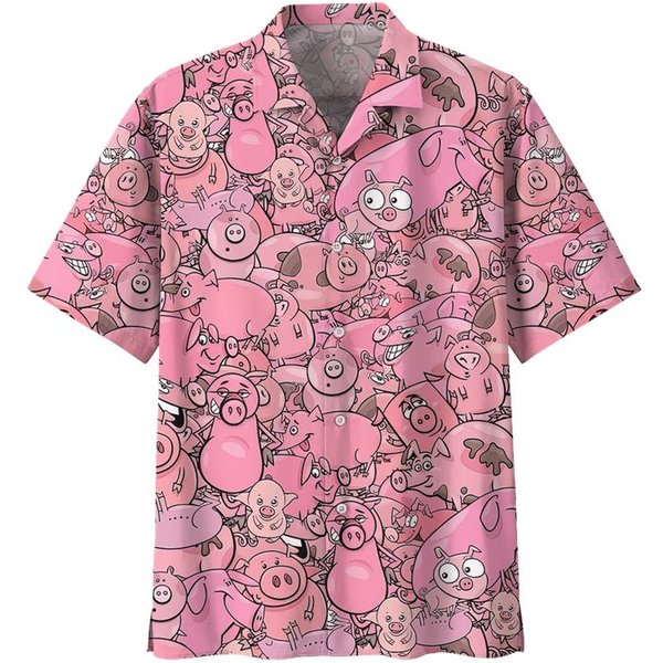 Camisa Hawaiana Con Estampado De Cerdos De Dibujos Animados Para Hombre, Estampado 3D De Animales, Manga Corta, Verano, Cuello Solapa, Camisas Oversize, Blusas De Calle Con Botones L-image