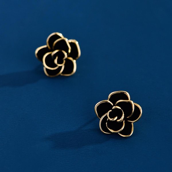 Pendientes De Camelia Con DiseñO De Lujo Ligero Elegante Negro Con Goteo De Aceite Para Mujer, Pendientes De Moda VersáTiles, DiseñO De Nicho-image