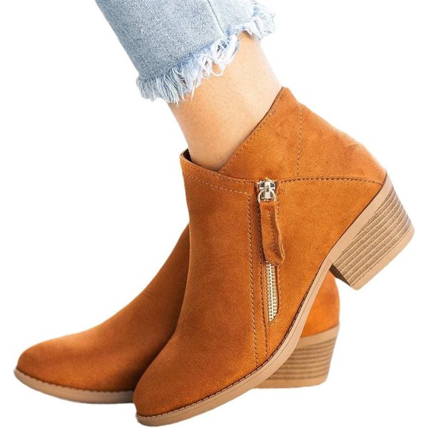 Buty Damskie, Botki Damskie, Zamsz, OkrąGłY Nosek, Zamek Boczny, Gruby Obcas, SkóRzane Buty, Damskie KróTkie Botki 40 Jasny Kolor BrąZowy-image