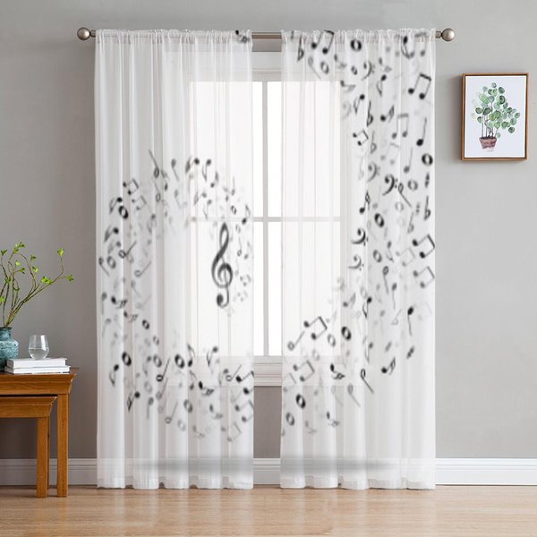 Nuty Muzyczne Czarno-BiałE Przezroczyste ZasłOny Do Salonu, Sypialni, ZasłOny Woalowe Na Okna, ZasłOny Z Organzy, ZasłOny Tiulowe Na Imprezę 135W X 114H(Cm) White-image