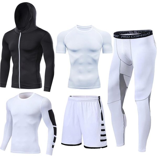 5 Sztuk/Zestaw MęSkie Kombinezony Sportowe Kompresyjne Zestawy Do Biegania KoszykóWka Rajstopy Treningowe Ubrania SiłOwnia Jogging Dresy Sportowe M Czarny Kolor BiałY-image