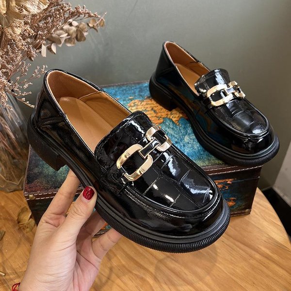 Zapatos De Cuero PequeñOs De Estilo BritáNico Para Mujer, Mocasines Que Combinan Con Todo, Zapatos Planos Negros, Primavera 40 Negro-image