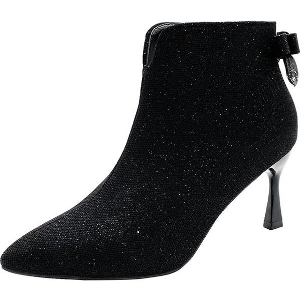Zapatos Para Mujer Alta Calidad Primavera Y OtoñO Botas De Mujer Color SóLido Tela De Lentejuelas Punta Afilada Cremallera Zapatillas De Mujer 40 Negro-image