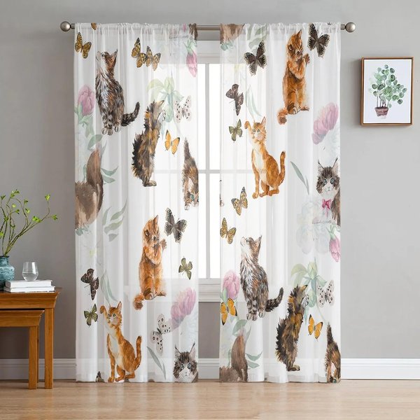 Techo De Gato Gatito Luna Nocturna Estrellas Cortinas Transparentes De Gasa Para DecoracióN De Sala De Estar Dormitorio Visillos Para Ventana Cortinas De Tul Cortina W135 X H115Cm X1&Grommet Top-image