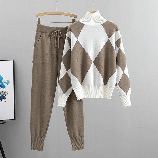 Traje De Mujer OtoñO E Invierno Casual Tejido A Cuadros SuéTer Pantalones Traje De Dos Piezas M Gray-image