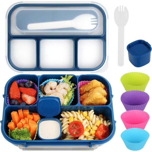Juego De 7 Cajas Bento Para Adultos Y NiñOs, Fiambrera Con 4 Compartimentos, Utensilios, Tarro De Salsa, Muffin Azul-image