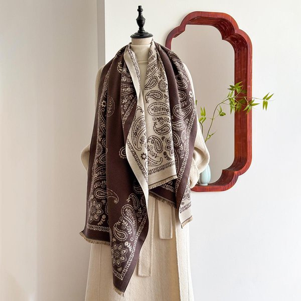 Luksusowy Kaszmirowy Szalik Dla Kobiet - Zimowy Geometryczny Wzorzysty Szal Z FręDzlami, Pashmina Wrap & Poncho Bandana-image