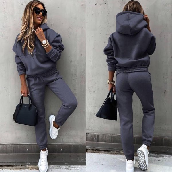 Jesień Zima Moda Polar DłUgi RęKaw Sportowy Codzienny Bluza Zestaw 2 CzęśCiowy Dresowy StróJ S-image