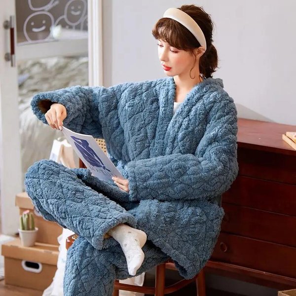Pijama Engrosado De Tres Capas Pijama De AlgodóN Para Mujer Invierno Terciopelo Coral Manga Larga Dulce CáLido Franela Conjunto De Ropa Para El Hogar L Gray-image