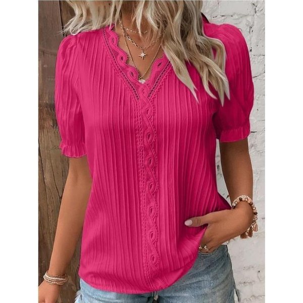 Vezfaa Moda Damska Casual Lato Jednolity Kolor Nadruk Puste KróTki RęKaw Dekolt W Serek Bluzki I Koszule Xxxxl-image