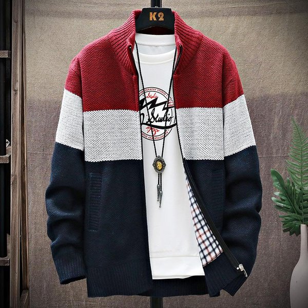 Zimowy MęSki Sweter Kardigan Patchworkowy KołNierz StóJka Swobodny Zamek BłYskawiczny Dzianinowy Gruby CiepłY Sweter L Koloru Czerwonego Wina-image