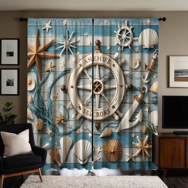 2 Piezas HD Mar Se Encuentra Con Cielo DecoracióN De Concha Cortina Azul Atar Cortina Impresa Digitalmente DecoracióN Del Hogar Estilo DecoracióN Sala De Estar Cama W52H63Inchw132H160Cm-image