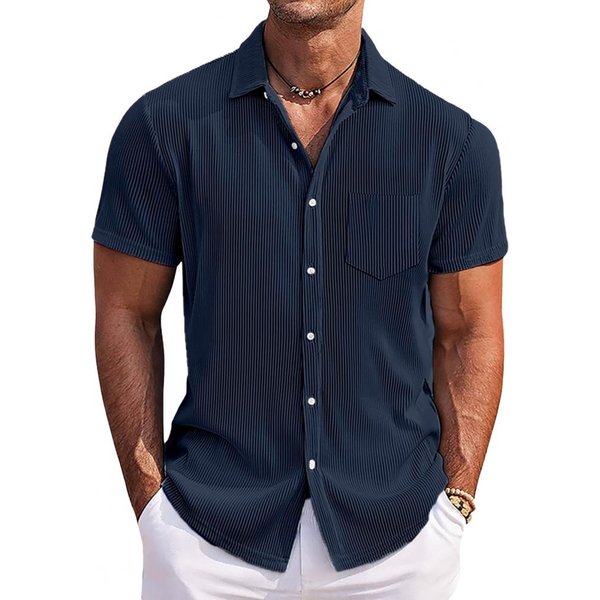 Camisa De Verano Para Hombre, Cuello Vuelto, Botonadura Sencilla, Holgada, Talla Grande, Largo Medio, Color Liso, Bolsillo En El Pecho, Manga Corta, Ropa De Calle D M Azul Marino-image