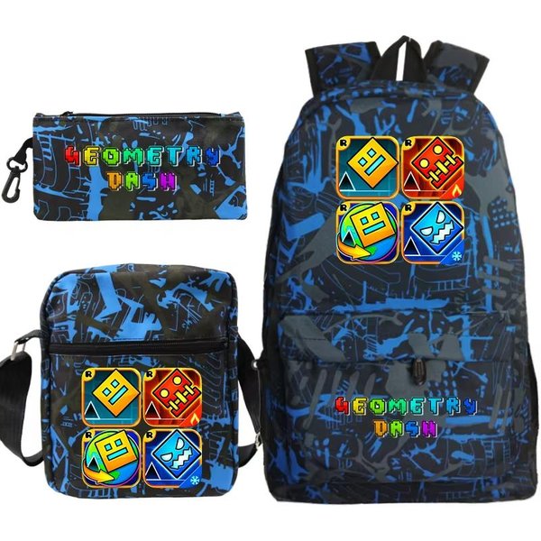 Set De 3 Piezas Mochila Geometry Dash Bolso Escolar Bolso De Hombro Estuche Para LáPices Mochila Ligera Con Cremallera Libro Adolescente NiñO NiñA Bolso De Moda-image