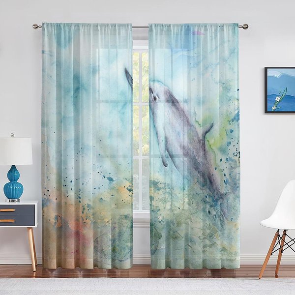 Cortina Voile Transparente De Animales Marinos De Dibujos Animados DelfíN LeóN Marino Ballena Cortinas De Tul Para Ventana Para DecoracióN De Sala De Estar Dormitorio Infantil Cocina 1 PCS W100Xh250Cm&Grommet Top-image