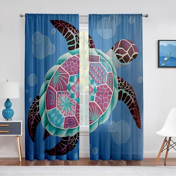 Cortinas Voile Transparentes De Acuarela De Tortuga Marina Colorida Animales Marinos Para DecoracióN De Cocina, Sala De Estar, Dormitorio, Cortinas De Tul Para Ventana 1 PCS W100Xh250Cm&Grommet Top-image