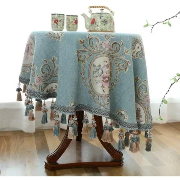 Mantel De Mesa Con Bordado De Borlas De Alta Calidad Jacquard TeñIdo En Hilo Chenilla Europeo Mantel Redondo CláSico Para Mesa De Centro Round Diameter 180Cm-image