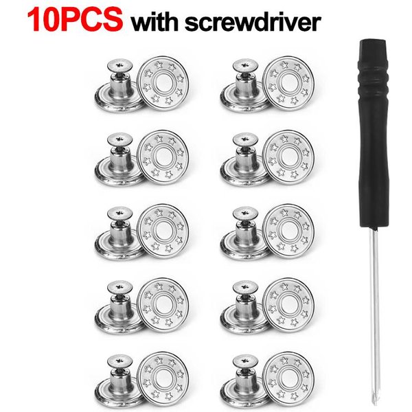 10 Uds. Botones MetáLicos Para Vaqueros, Kit De ReparacióN De Botones Sin Tornillo De Repuesto De 17Mm, Hebillas Para Vaqueros ExtraíBles Sin Clavos, Alfileres Para Pantalones Y Ropa E With Screwdriver-image