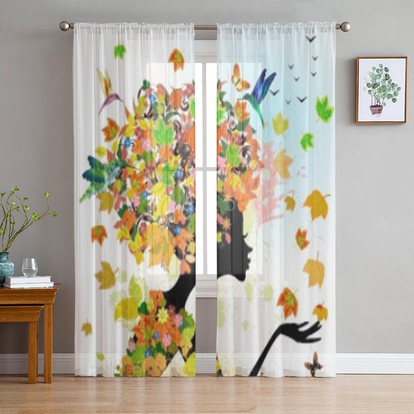 Moda DziewczęCa Kwiaty Jesienią Tiulowe ZasłOny Do Salonu Przezroczysta ZasłOna Sypialnia Woal Organza Dekoracyjne AranżAcje Okienne 135W X 114H(Cm) Beige-image