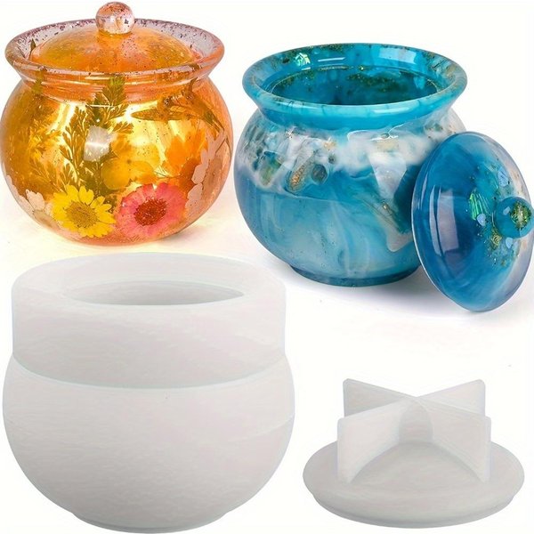 1 Molde De Silicona Para Tarro, Molde De Resina Para Tarro Con Tapa, Molde De Epoxi Para Caja De Almacenamiento De Joyas, Portavelas, Contenedor De Dulces, Regalos De FundicióN De Resina Epoxi 2Pcs/Set Blue-image