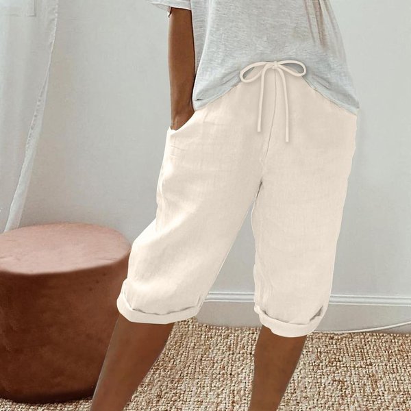Pantalones Cortos De Lino Para Mujer Pantalones Cortos Casuales De Talle Alto Pantalones Cortos Con CordóN Y Bolsillos S White-image