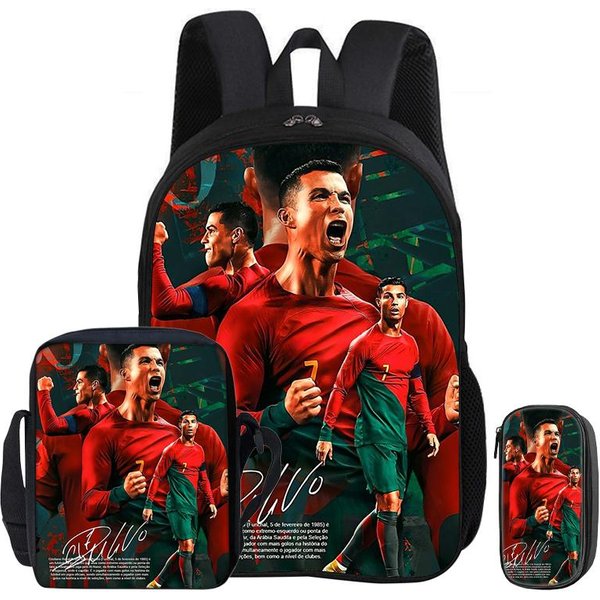 Ronaldo Juego De 3 Piezas Mochila Bolso De Hombro Estuches Para LáPices Bolso Para Libros CR Estrella De FúTbol Mochila Infantil Mochila Deporte FúTbol Bolso Escolar Regalo-image