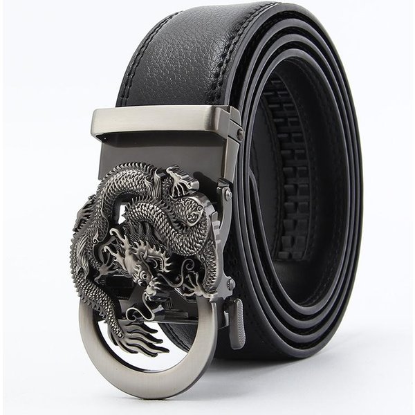 Nuevo CinturóN De Dos Capas De Piel De Vaca Con Forma De DragóN Para Hombre Hebilla AutomáTica Piel De Vaca Genuina CinturóN De Negocios Casual 110-130Cm Black-image