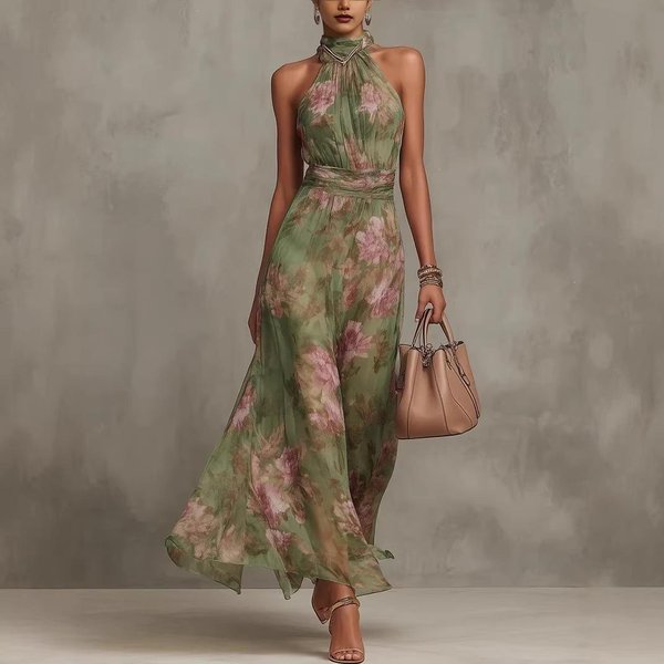 Vestidos Casuales De Moda Para Mujer Yyfs Verano Primavera Estampado De Flores Sin Mangas Cuello Colgante Cintura Alta XXL-image