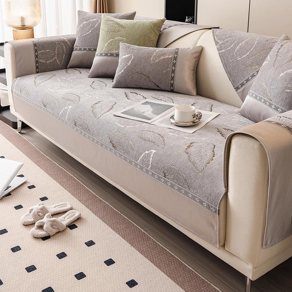 Funda De Sofá De Chenilla Jacquard Hojas Plumas CojíN De Sofá Antideslizante DecoracióN Mobiliario Para El Hogar Universal Cuatro Estaciones CojíN De Sofá 70X70Cm 1Pcs-image
