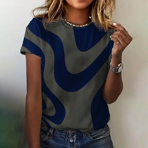 Camiseta Estampada 3D Ropa De Mujer Estampado A Rayas Moda Manga Corta Verano Cuello Redondo Top Ropa Informal Holgada Elegante Camiseta De Mujer S Blue-image
