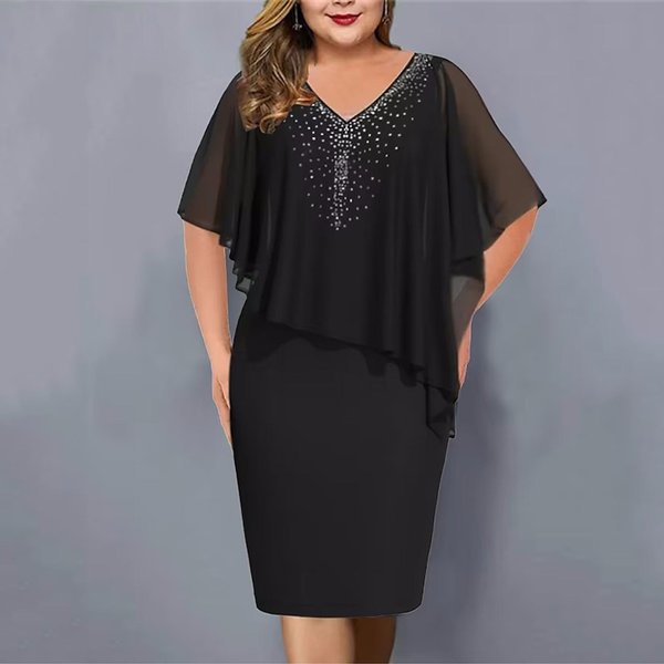 Damska Sukienka Plus Size Z KróTkim RęKawem, Dekoltem V, Szyfonowa, Z Cyrkoniami, Midi L Czarny-image