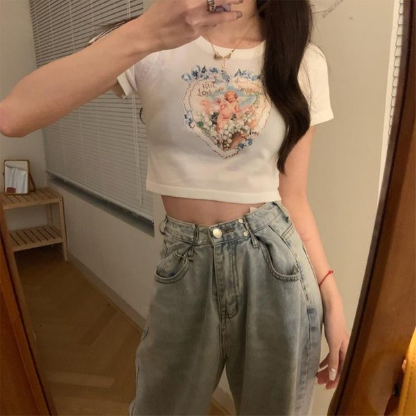 Camiseta De Manga Corta Para Mujer Verano Nuevo Estilo Coreano Slim Cintura Alta Y Ombligo Descubierto Top Corto De Estudiante Para Mujer 2XL Blanco-image