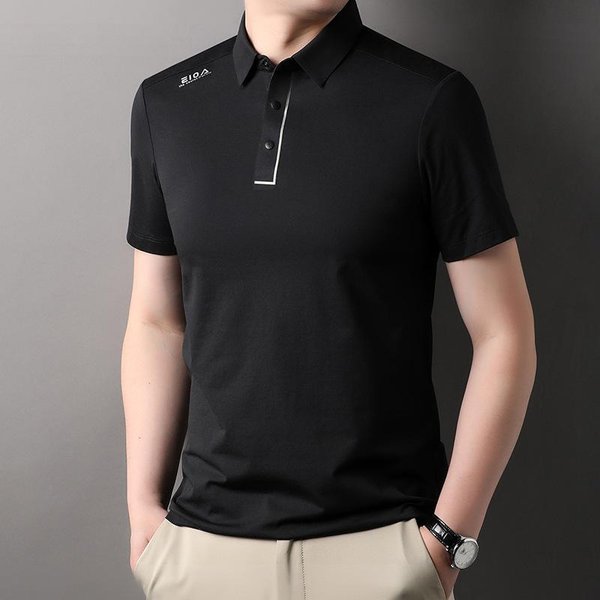 Camiseta Nueva De Manga Corta De Verano Moda Masculina Color SóLido Estampado Cuello Camisero Polo Camisa Holgada Casual Ropa Para Hombre XL Black-image