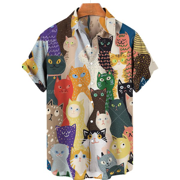 Camisa De Hombre Con Estampado De Gato Lindo Divertido Anime Gatos Camisa De Hombre Con Botones Cuello Solapa Moda Hawaiana Manga Corta Camisa Casual 5XL-image