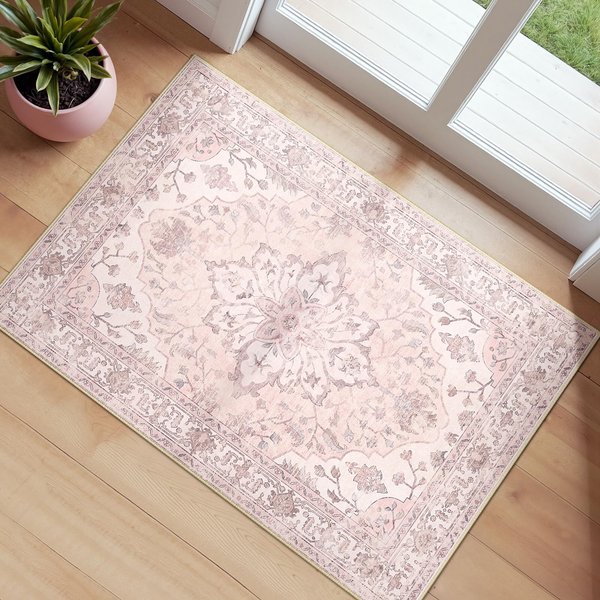 Bohemian Vintage Dywan Z Kwiatowym Wzorem, Zielono-BeżOwy Postarzany Orientalny AntypośLizgowy Mata PodłOgowa Do Salonu Sypialni WystróJ Domu Dywan 60Cm X 90Cm Gray-image