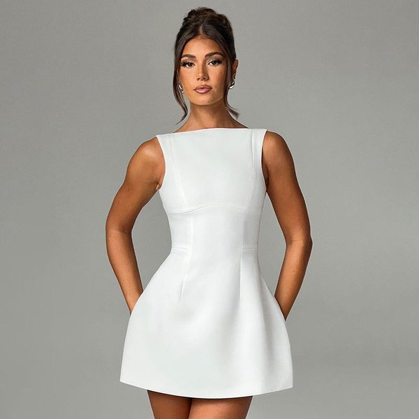 Nowa Wiosenna I Letnia Damska Elegancka Sukienka Slim Bez RęKawóW Rozkloszowana KróTka SpóDnica S White-image