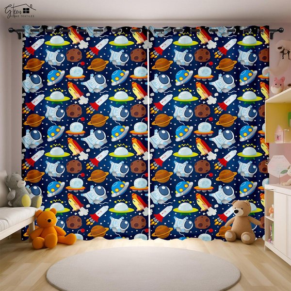 Cortinas De ImpresióN 3D De Dibujos Animados Aeroespacial Astronauta Nave Espacial Cohete Luna Planeta Dormitorio HabitacióN Infantil Cortinas 2 Piezas W50Xh130(Cm)X2Pcs&Rod Pocket-image