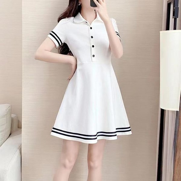 Vestido Casual De Camiseta De Largo Medio Para Mujer, Nuevo Verano Cuello Polo Ajustado Y Falda Slim A-Line XL Blanco-image