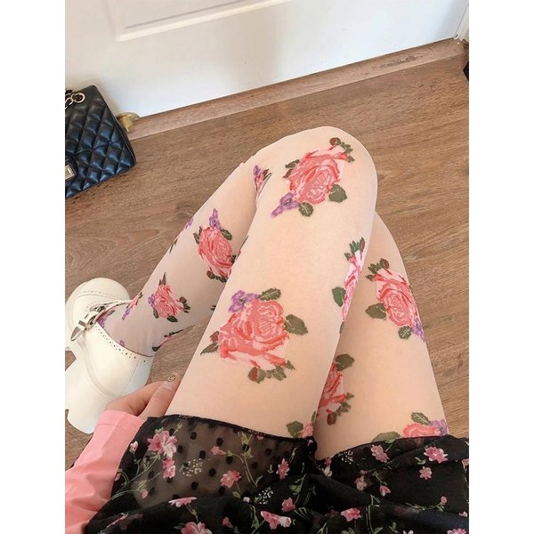 RóżOwe Wzory Rajstopy Siatkowe Damskie DziewczęCe PońCzochy Letnie OddychająCe Stockings Lolita Bielizna Elastyczne Rajstopy Nogawki Z Stopami Prezent One-Size Beige-image