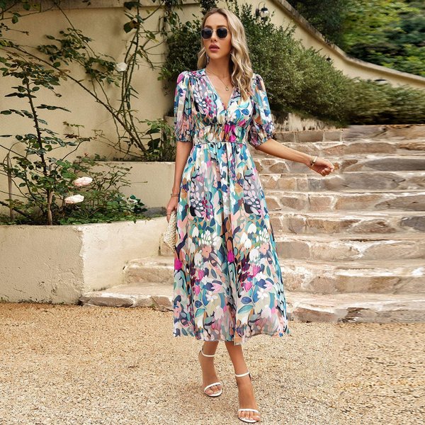 DiseñO Vestido Verano Temperamento CeñIdo A La Cintura Cuello En V Estampado Falda Larga XL Verde-image