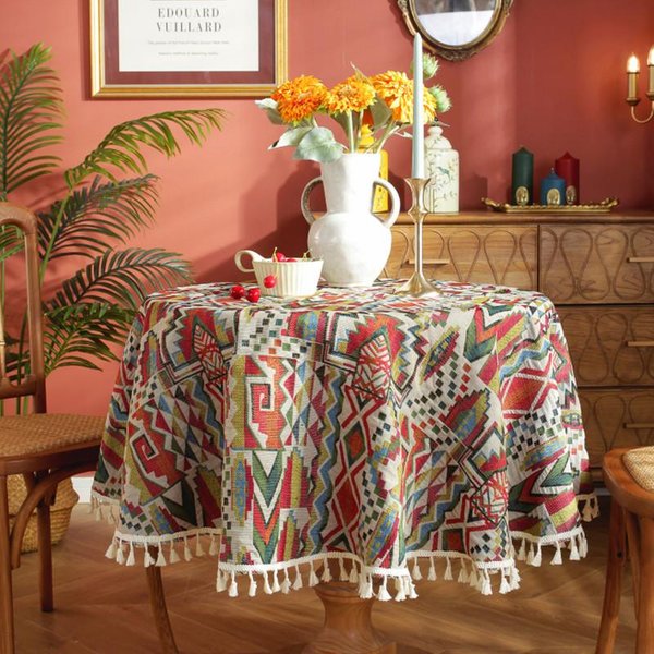 Mantel Redondo De Jacquard Retro Con Borde De Borlas, Grueso, Resistente Al Polvo, Para Mesa De Comedor, Mesa De Café, Cubierta Decorativa Para Mesa Diameter 120Cm-image