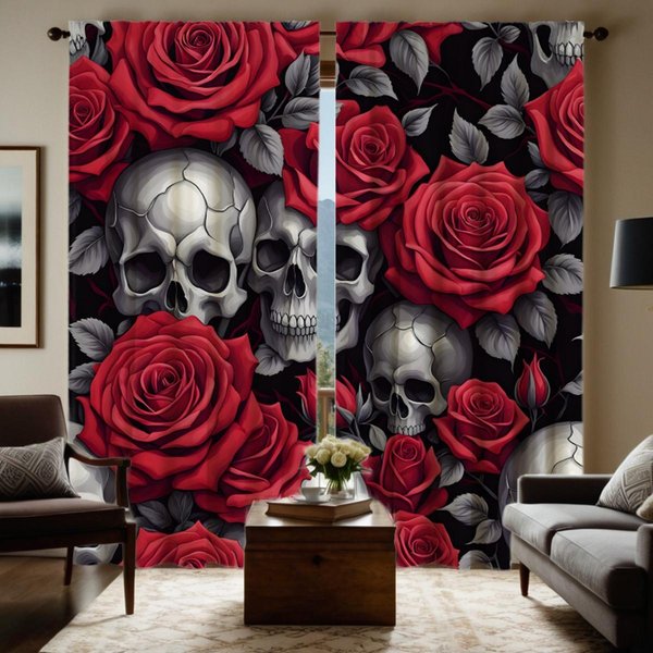 Cortina Con Estampado Digital De Calavera Y Rosa En HD De 2 Piezas, Cortina Con Lazo Rojo, DecoracióN Del Hogar, Estilo Para Decorar La Sala De Estar, Dormitorio, Barra De Desgaste W52H63Inchw132H160Cm-image