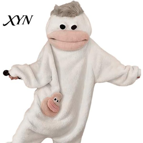 Mono De Peluche CáLido Divertido Usable Pijama De Boca Grande Para NiñOs, Adultos, Suave Ropa De Dormir Infantil Forro Polar Acogedor Ropa De Casa, Mono Con Capucha De Una Pieza S White-image