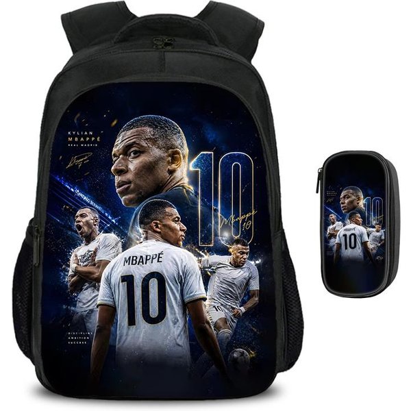 M-Mbappe Mochila De Doble Capa Estrella Del FúTbol Set De 2 Piezas Mochila, Bolsas De Lapiceros Deportivas Bolsas Escolares Mochila Escolar Para NiñOs Rucksack Black-image