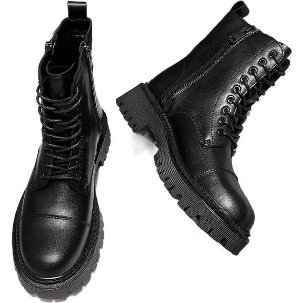 Botas Martin Negras Para Mujer Zapatos De Cuero Vacuno Botas Gruesas Con Plataforma Botines Con Cordones Botas De Invierno OtoñO Con Cremallera 38 Black-image