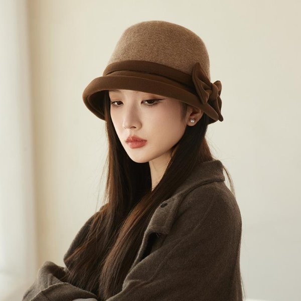 VersióN Coreana De Sombrero Nuevo De OtoñO E Invierno Para Mujer Con Lazo Sombrero De Pescador De Lana Elegante Y CáLido Sombrero De Cubo PequeñO Que Muestra Un Rostro A La Moda One Size Black-image