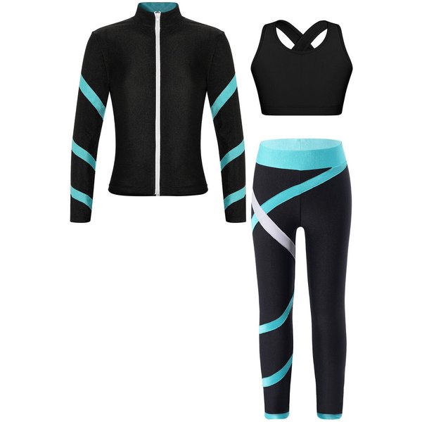DziecięCy DziewczęCy 3-CzęśCiowy StróJ Sportowy KróTki Top Z Legginsami Sportowymi Kurtka Dresowy Zestaw Na SiłOwnię Jogę Bieganie Trening 5-6 Years Black-image